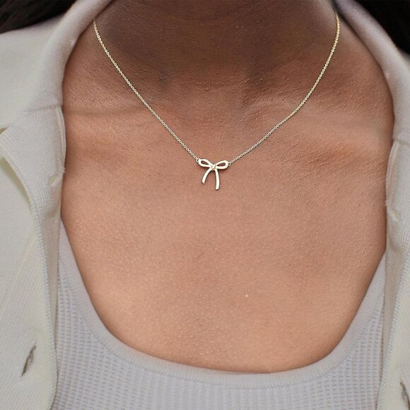 Women's Gold Necklace Cute Small Tiny Bow Pendant Choker Chain Necklace - Picture 7 of 8